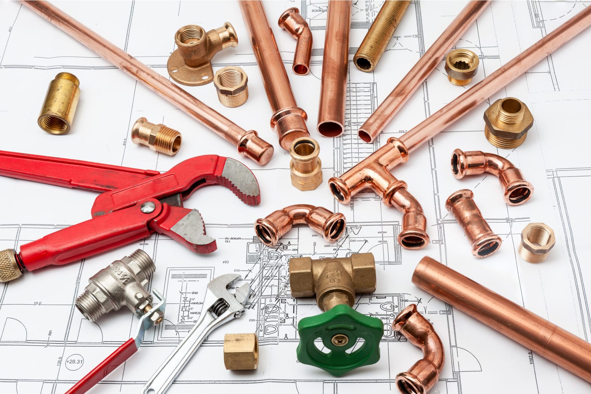 Copper pipes, fittings, valves, and plumbing tools in St. Petersburg