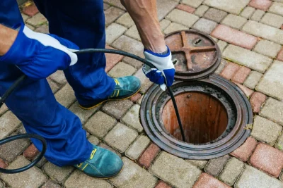 Plumber cleaning an outdoor sewer drain in St. Petersburg