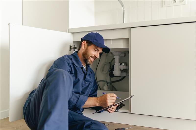Residential plumber reviewing plumbing repairs in a St. Petersburg kitchen