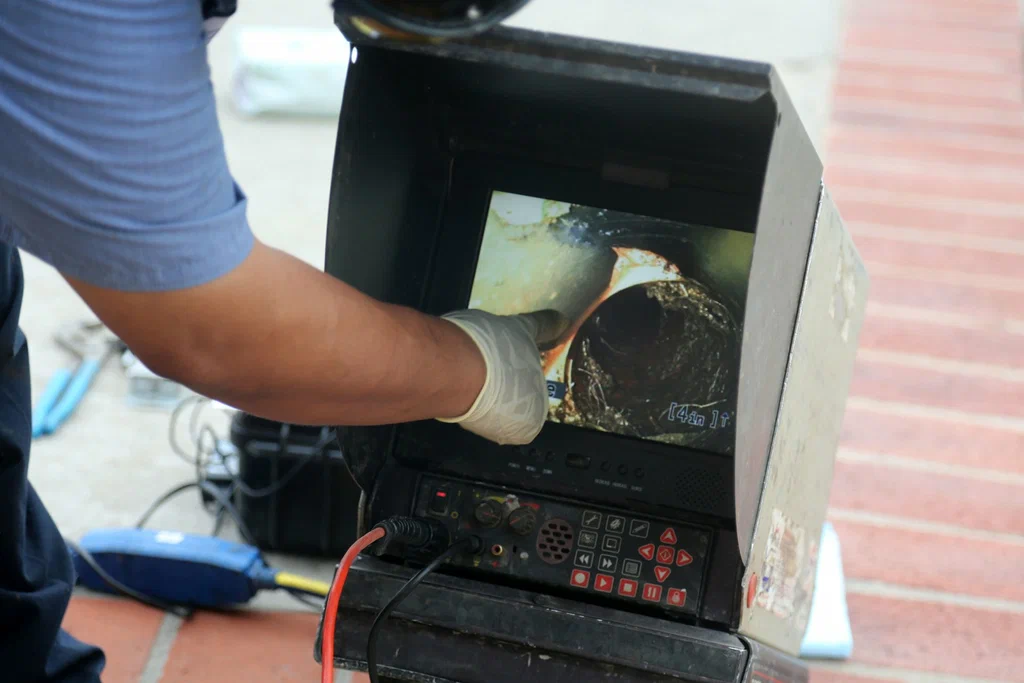Technician viewing a drain inspection camera in St. Petersburg
