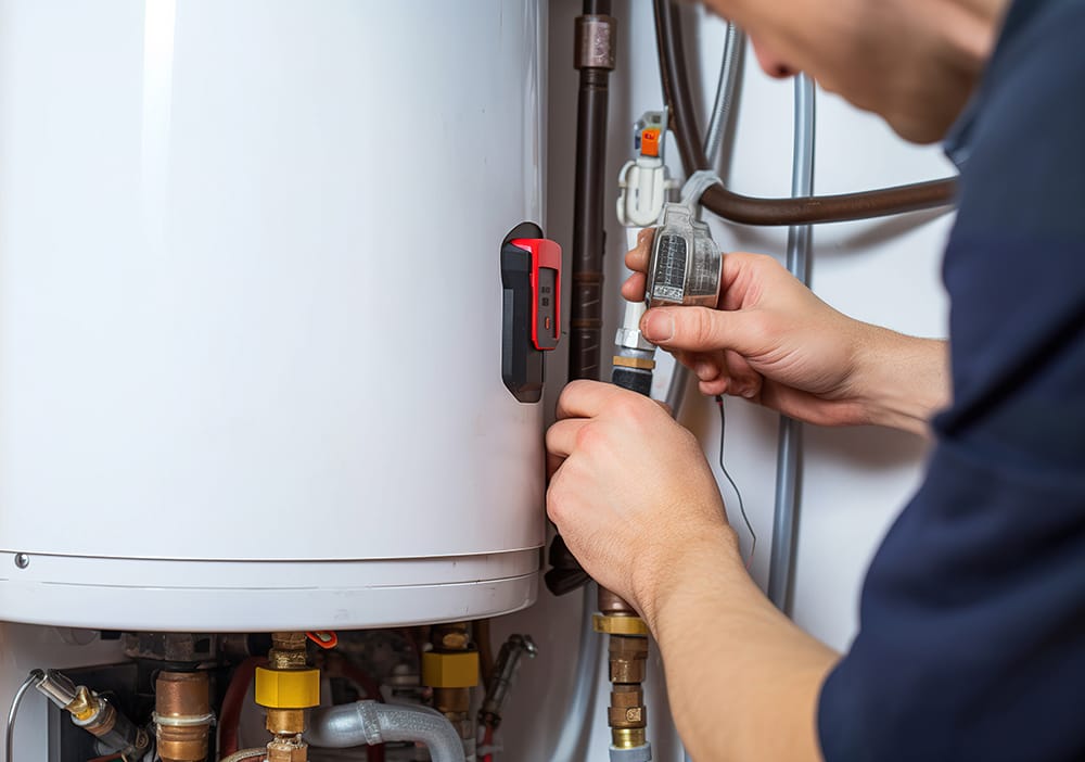Technician repairing pipes connected to a water heater in St. Petersburg